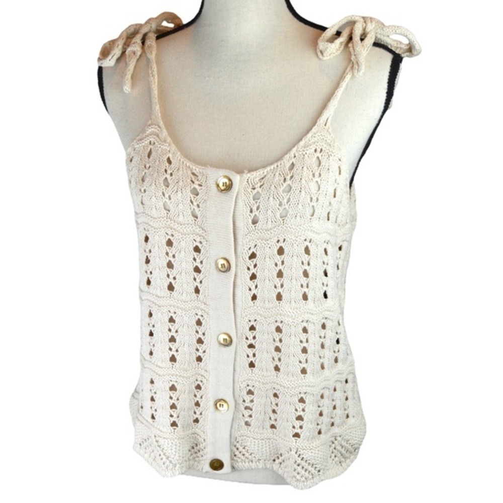mo:vint Cream Color Crochet Open Knit Button Down Tank, Size‎ Small